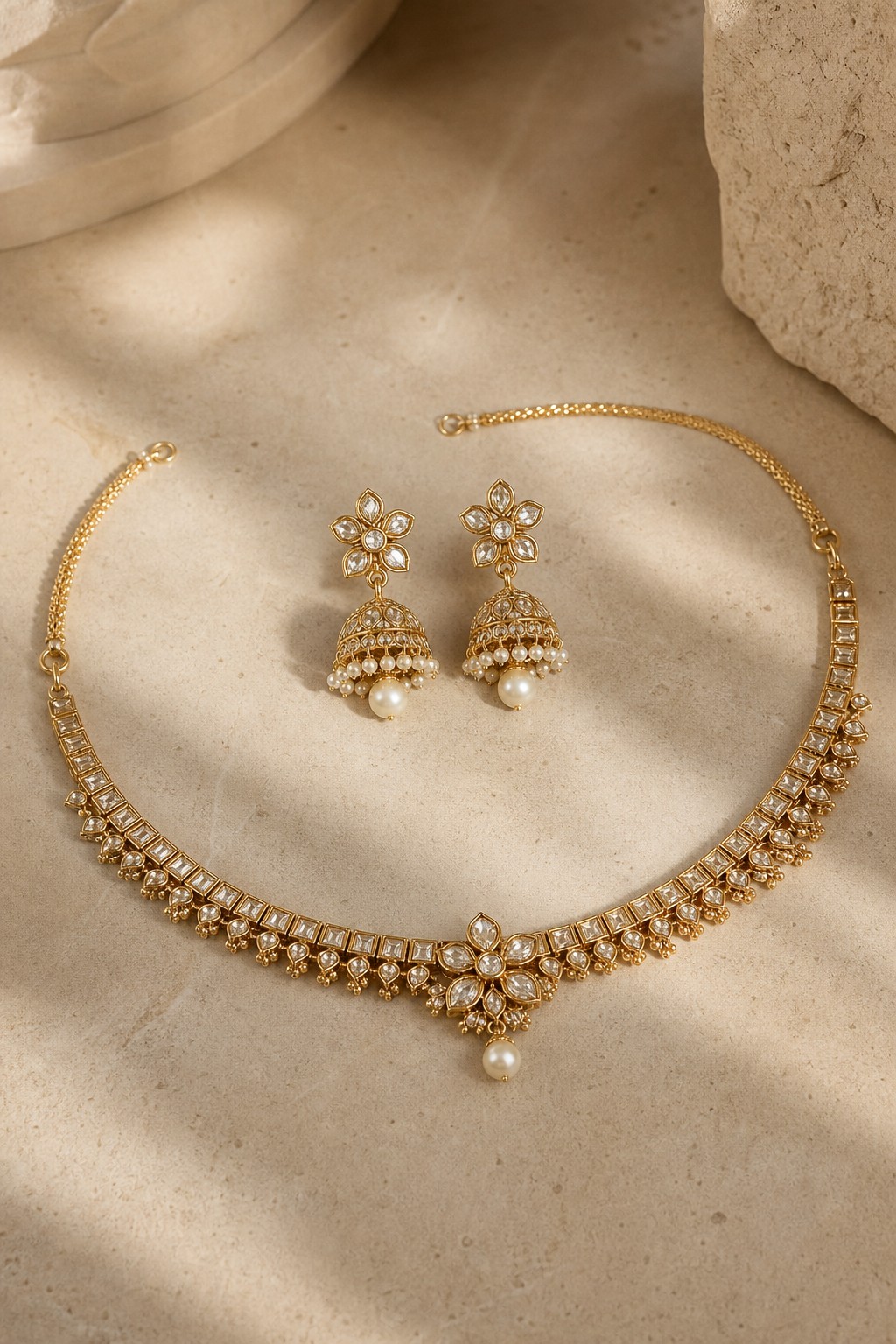 Coordinated gold necklace and earrings set
